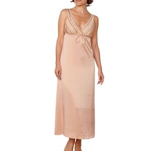Schweitzer Linen Silk Nightgown Size Medium Peach Striped Floral Maxi Excellent